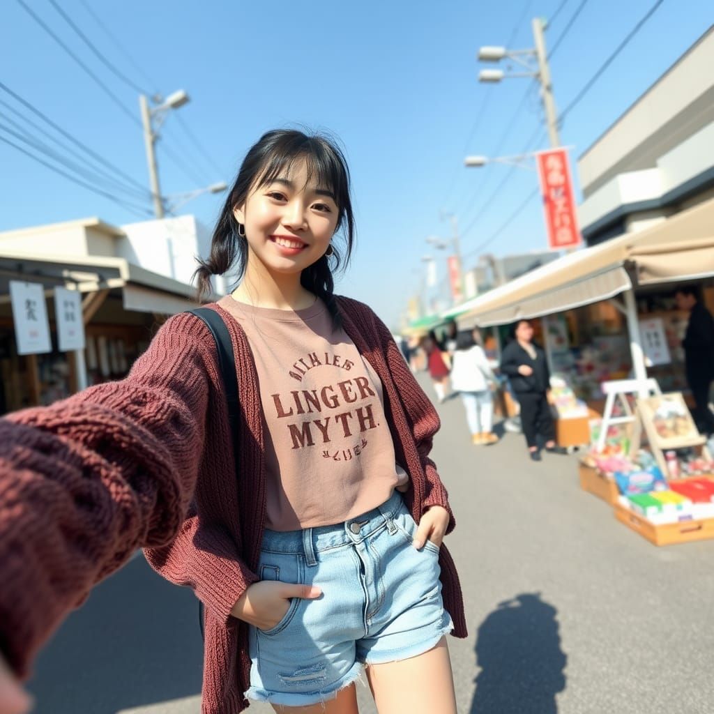Cheerful Teenager's Selfie in Japanese Market