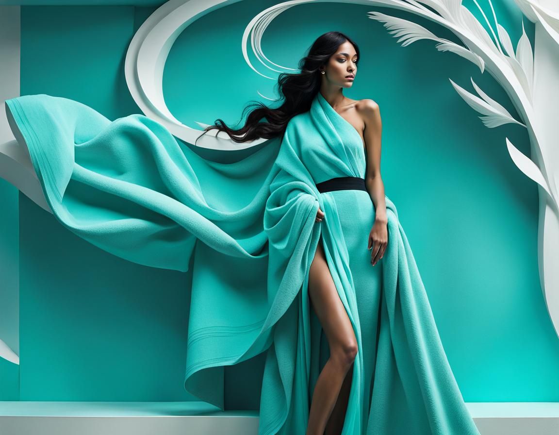 Contemplative Woman in Turquoise Towel, Grayscale 3D Render