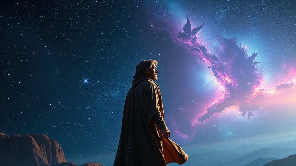 Cosmic Seeker Beneath Starry Skies in Dreamlike High-Fantasy