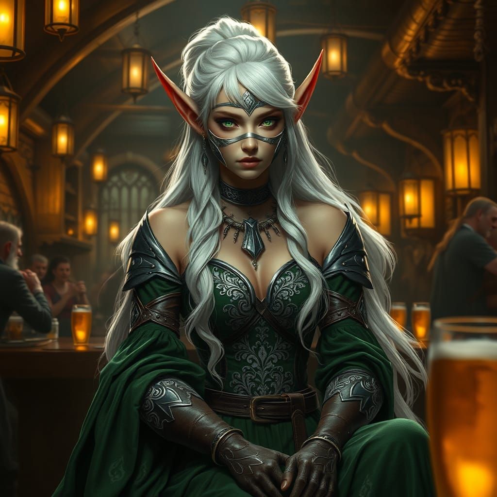 Elegant Wood-Elf in Fantasy Tavern, Matte Painting