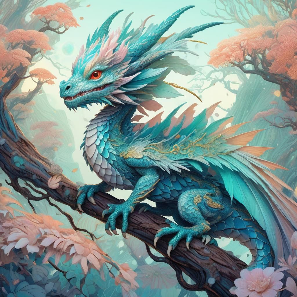 Pastel Feathered Dragon in Fantasy Anime Style