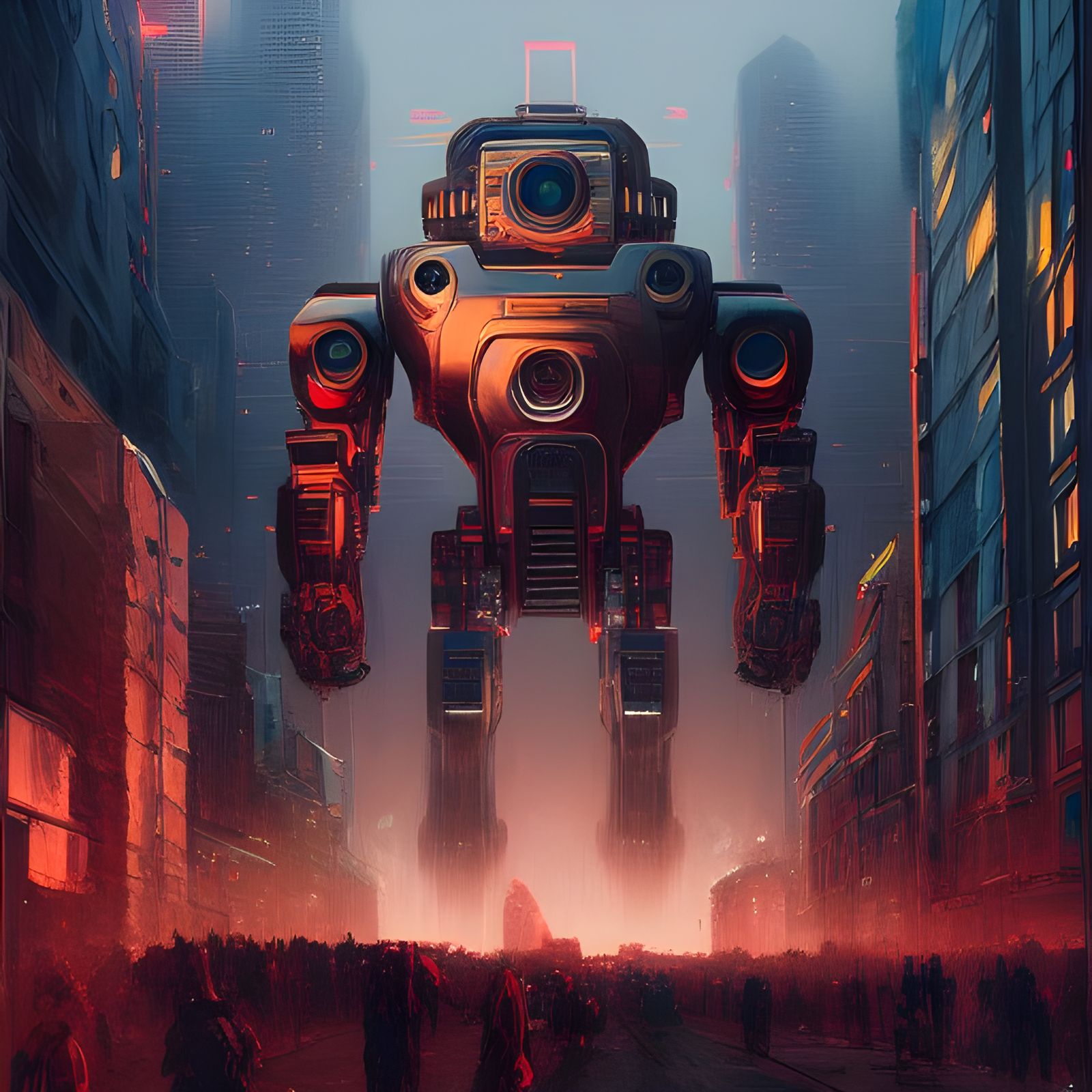 Hyperdetailed Robot in Explosive Cityscape