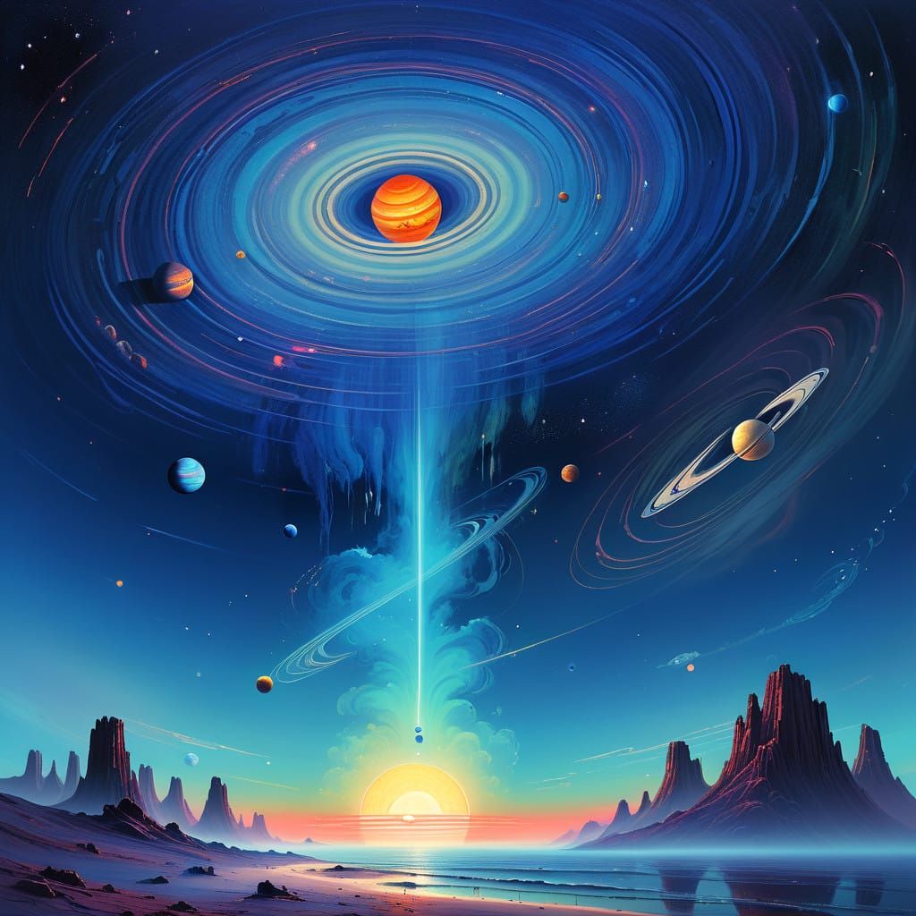 Surreal Cosmic Dreamscapes with Planets Aligned in Celestial...