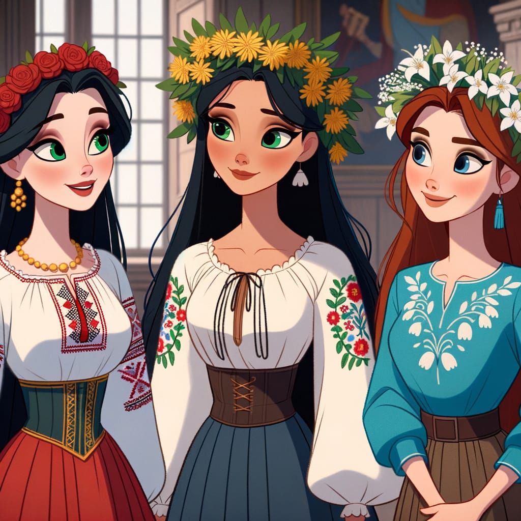 Classic Animation Style Royal Women of Diverse Descent in Uk...
