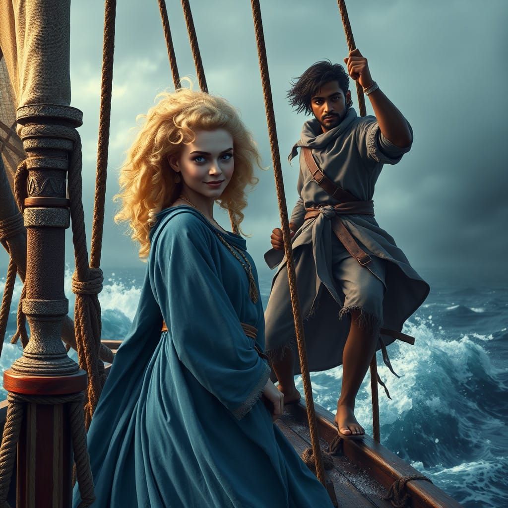 Medieval Sailor Woman and Swashbuckling Companion in Turbule...