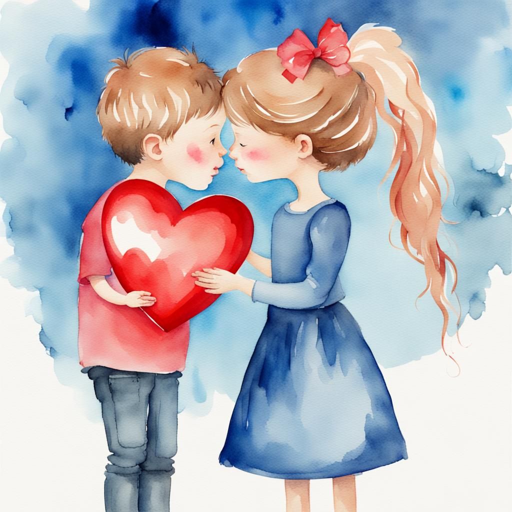Watercolor Children Share Valentine's Kiss