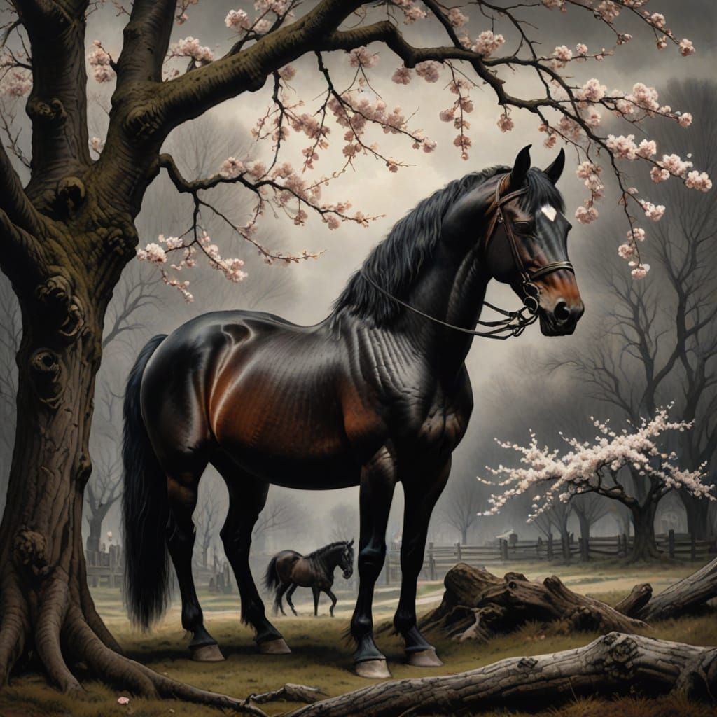 Charcoal Drawing of a Big Black Horse Under a Blossoming Che...