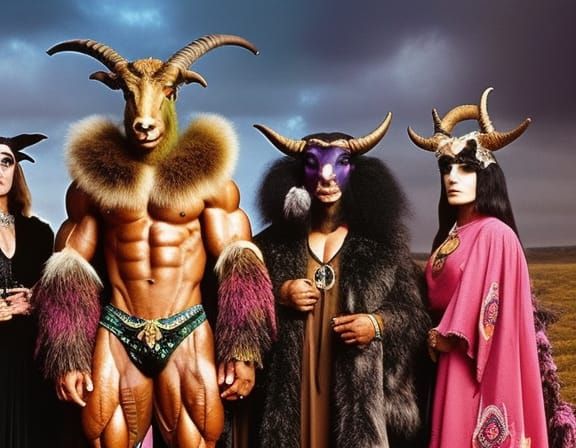 Hypermuscular Goat-Headed Baphomet in 1970s Horror Style