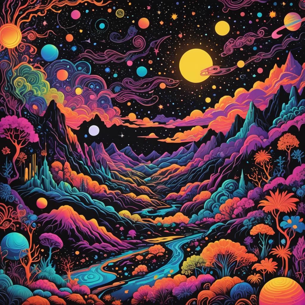 Psychedelic Black Light Poster with Cosmic Landscape