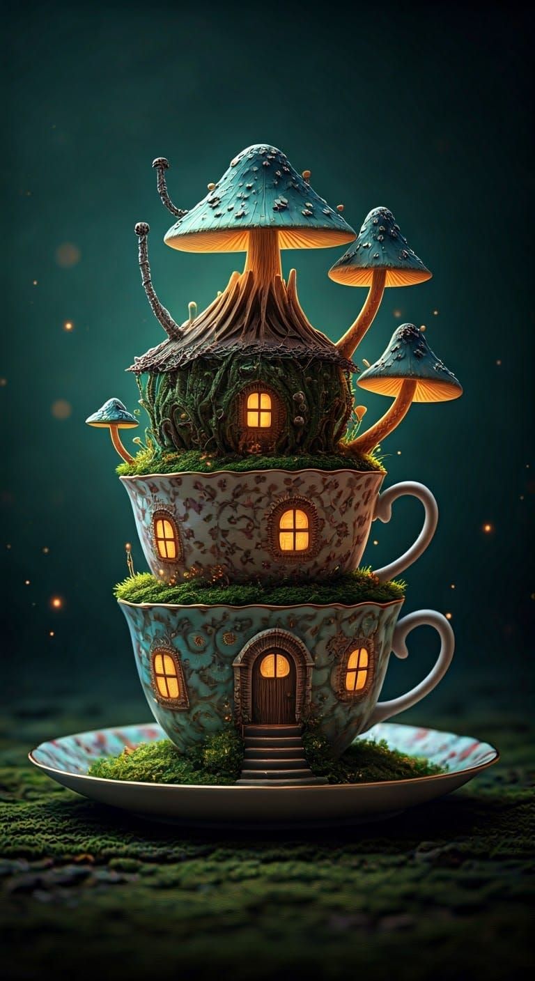 Whimsical Double Teacup Mushroom House