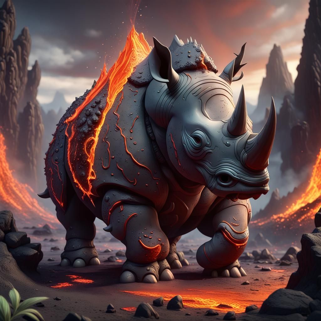 Chibi Volcanic Rhino in Detailed Digital Painting