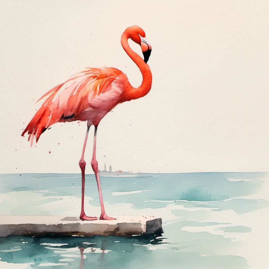 Flamingo in Venice: Minimalist Watercolor Close-up