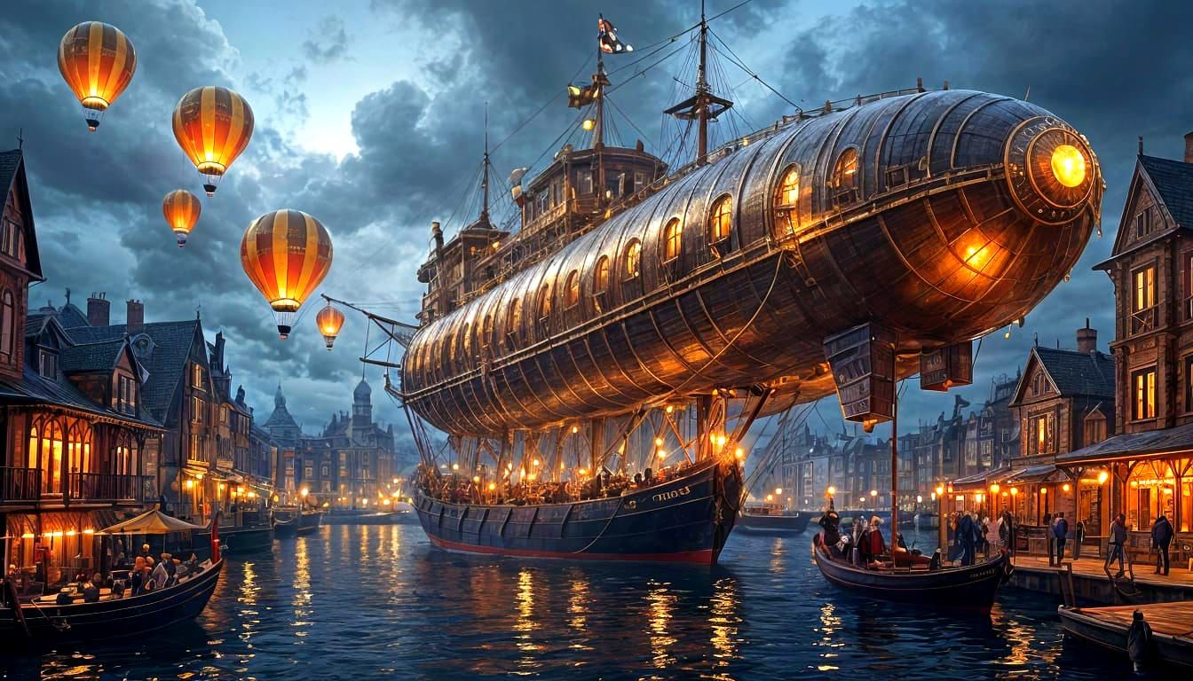 Steampunk Dirigible Docks at Victorian Port