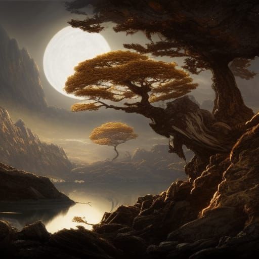 Golden Tree Island at Dawn, Dark Fantasy Art