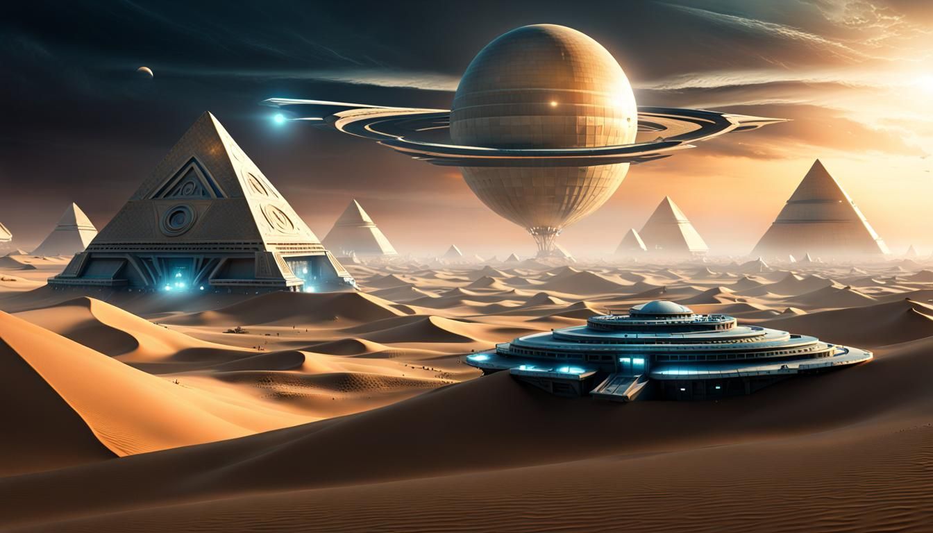 Desert Pyramids with Spaceship Fleet