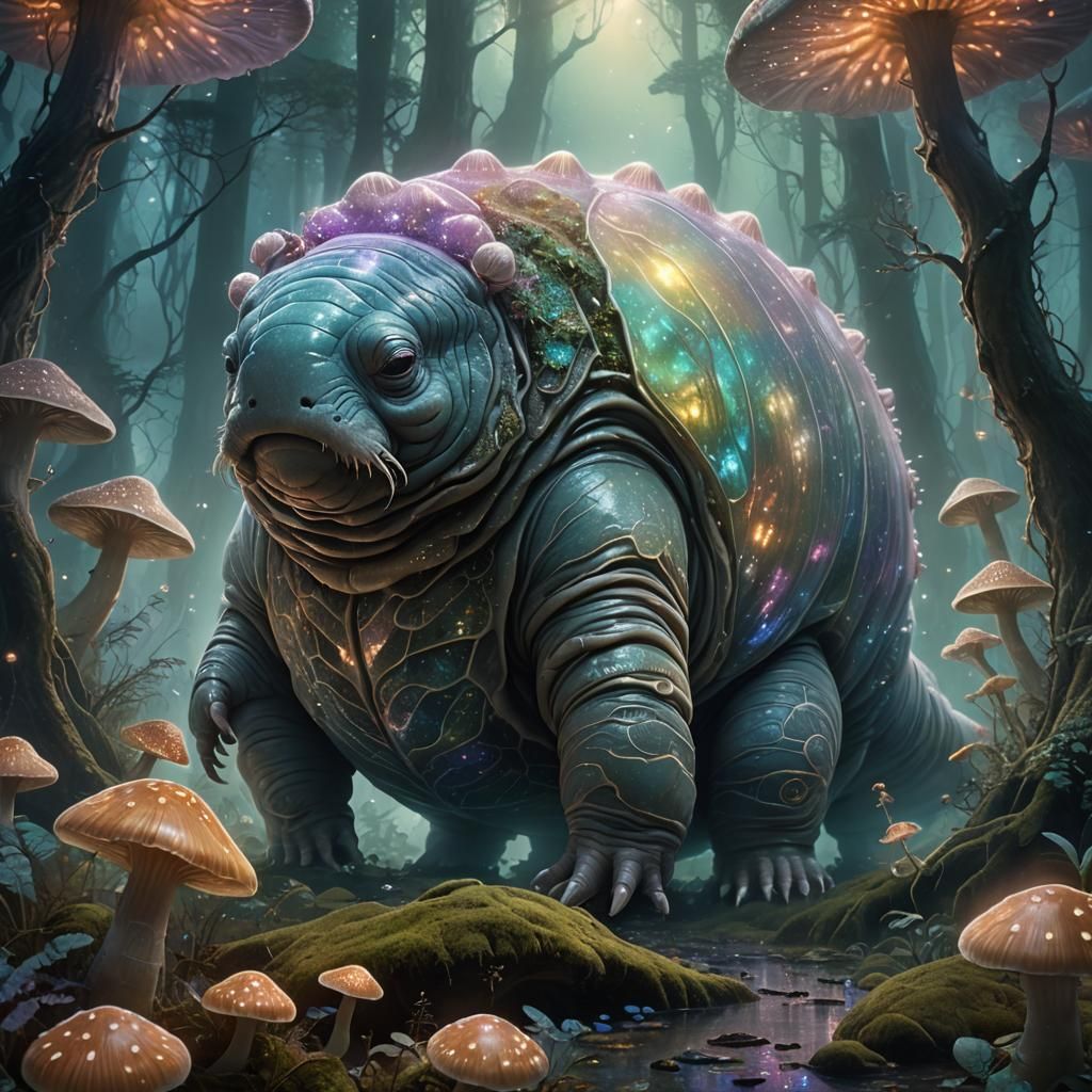 Giant Tardigrade in Mystical Iridescent Forest