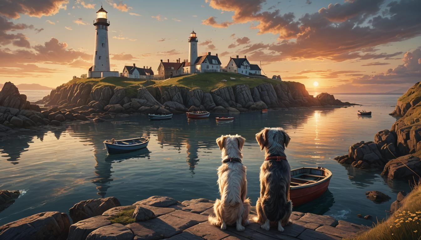Coastal Sunset: Boat, Lighthouse and Dog in Matte Painting