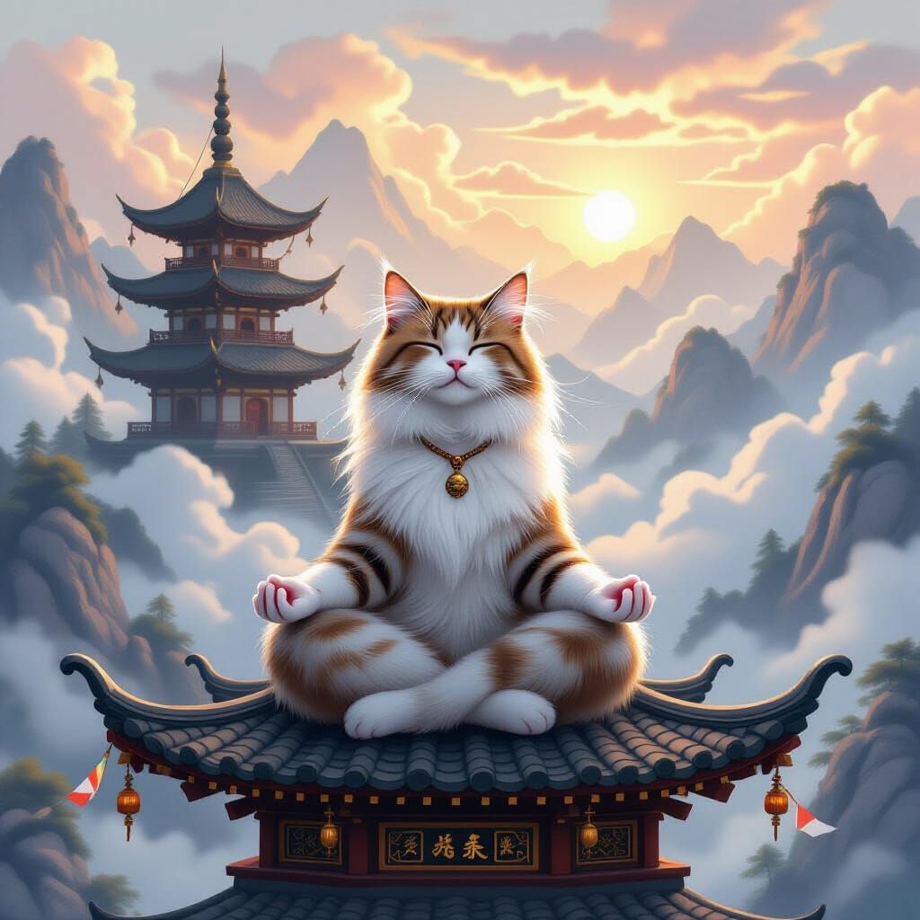 Siberian Cat Meditating on Pagoda in Misty Mountains