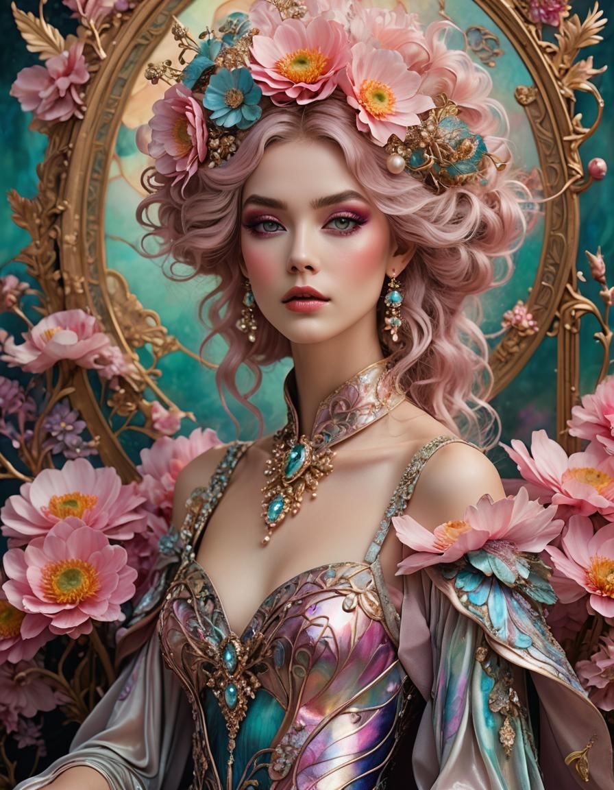 Breathtaking Model with Mucha Background in Fairytale Style