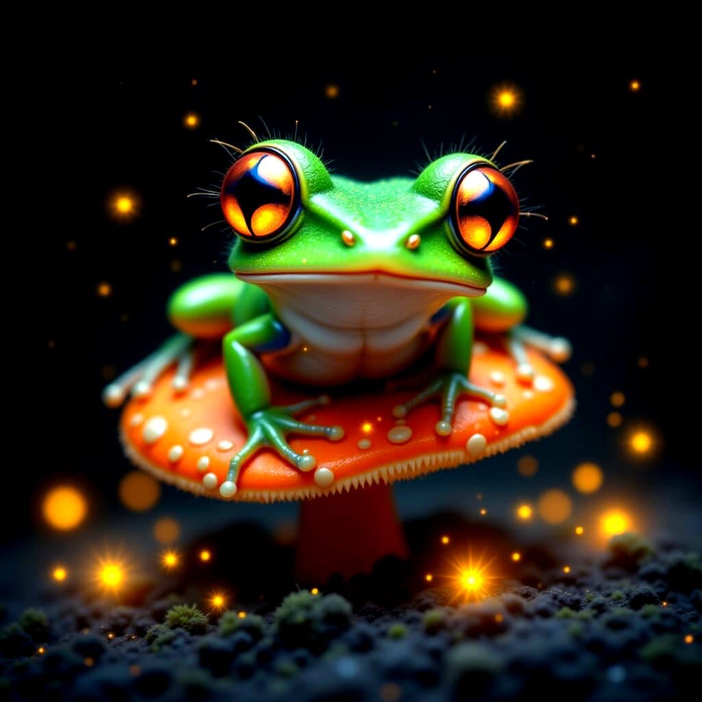 Cute Baby Frog on Mushroom with Fireflies