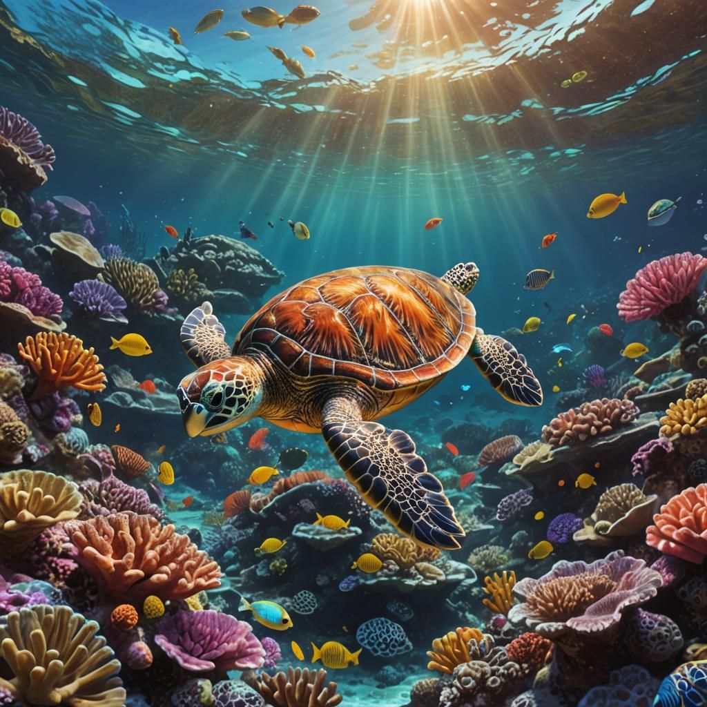 Snorkeler and Sea Turtle in Coral Reef Concept Art