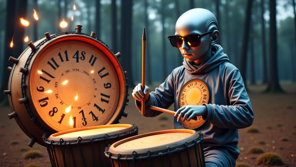 Alien Drummer in Surreal Savanna Night