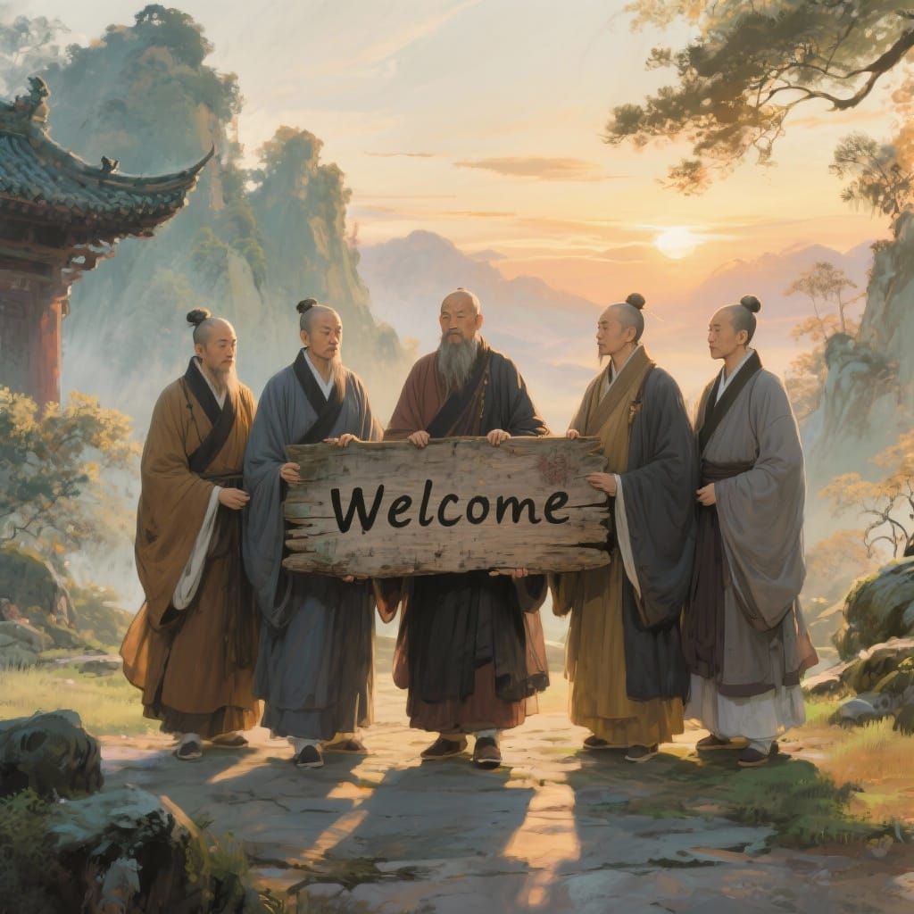 Taoist Priests Welcome Visitors in Serene Sunset Painting
