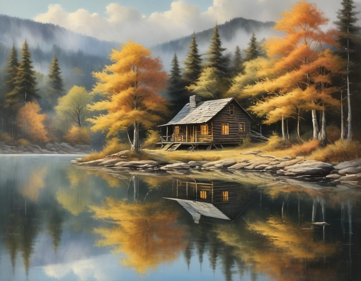 Lakeside Cabin in Autumn: A Pastel Painting