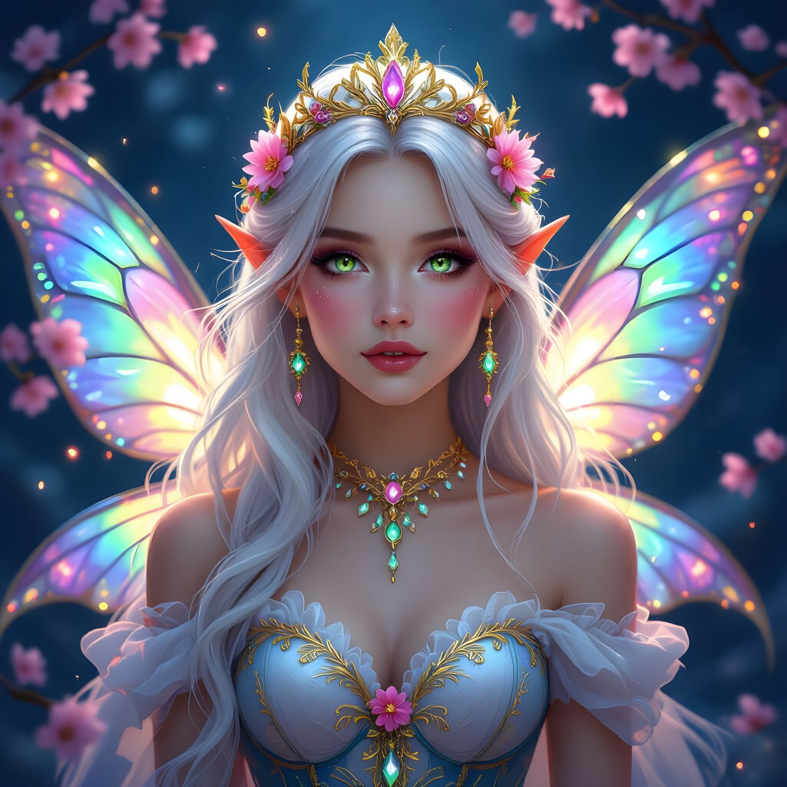 Ethereal Fairy Woman Amidst Glowing Cherry Blossoms