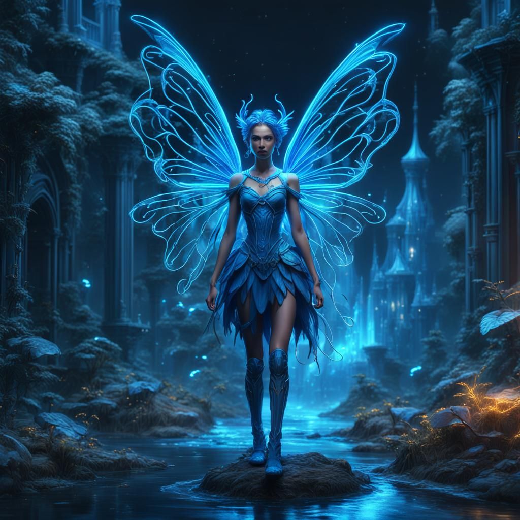 Neon Blue Fairy in Detailed Matte Painting