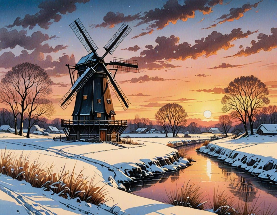 Winter Windmill Sunset: Detailed Alcohol Marker Illustration
