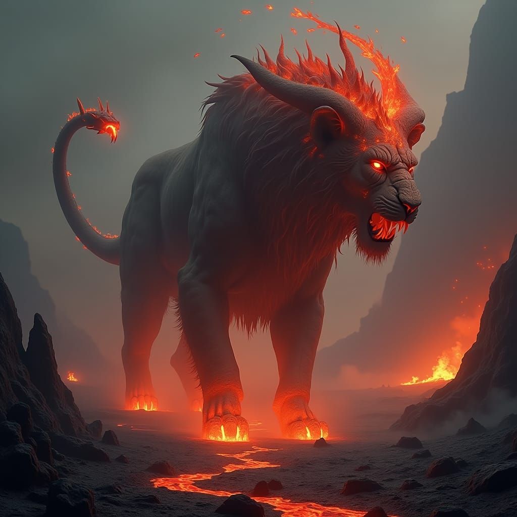 Eerie Demonic Lion Firebeast in Volcanic Landscape