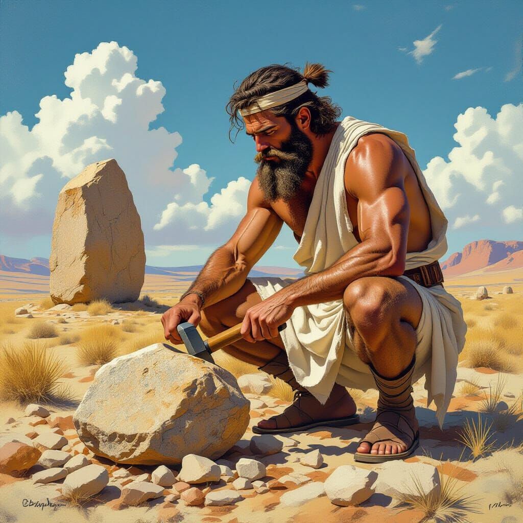 Hyperrealistic Stone Carver in Sunny Landscape