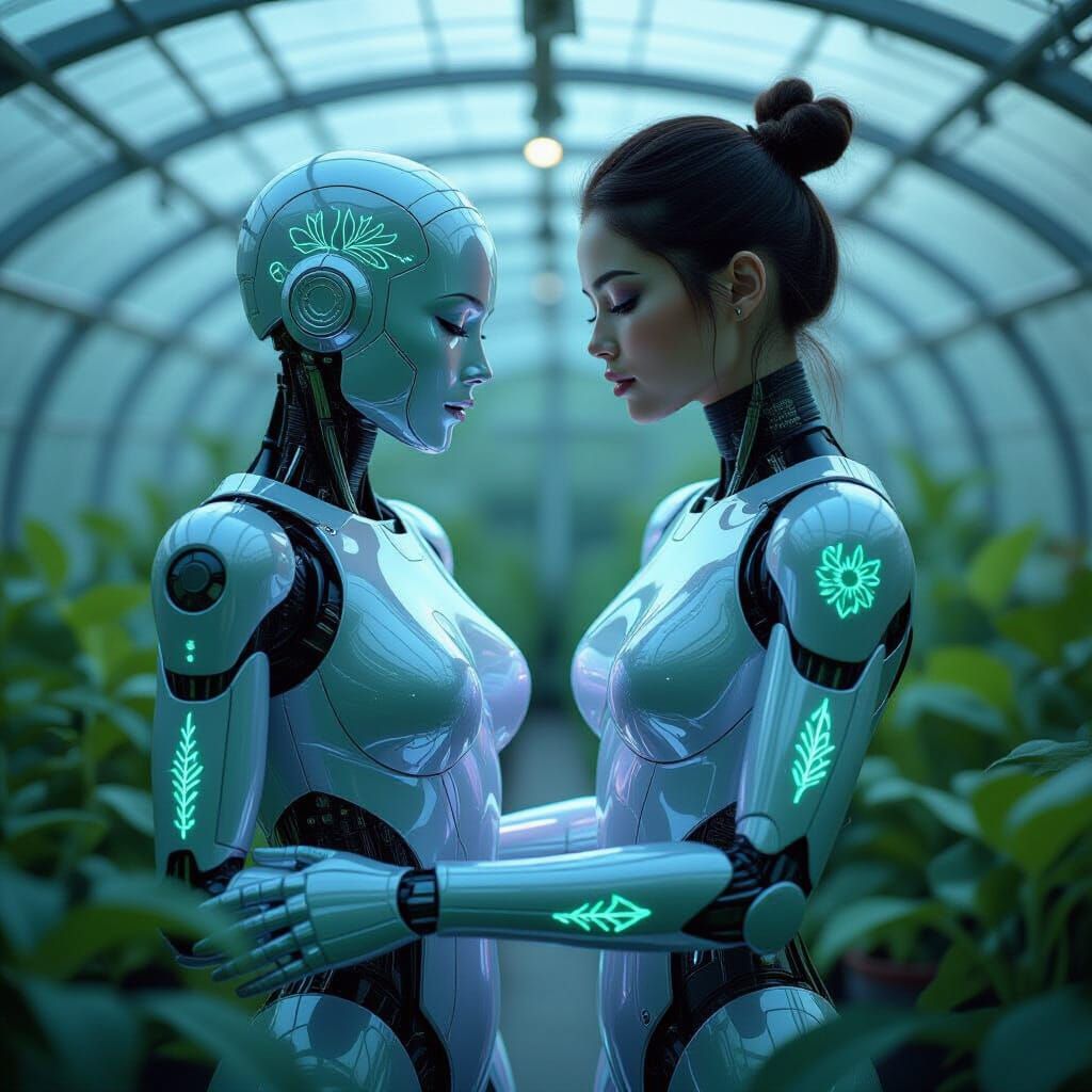 Android Gardener with Glowing Botanical Patterns