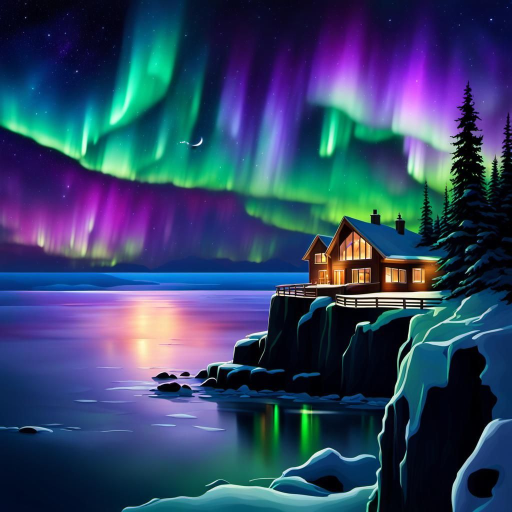 Home Under Aurora Borealis: Detailed Matte Painting