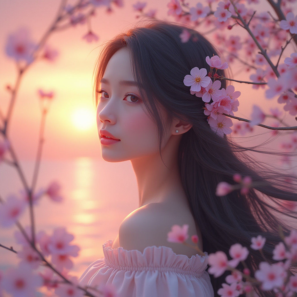 Woman in Cherry Blossoms: Ethereal Matte Painting
