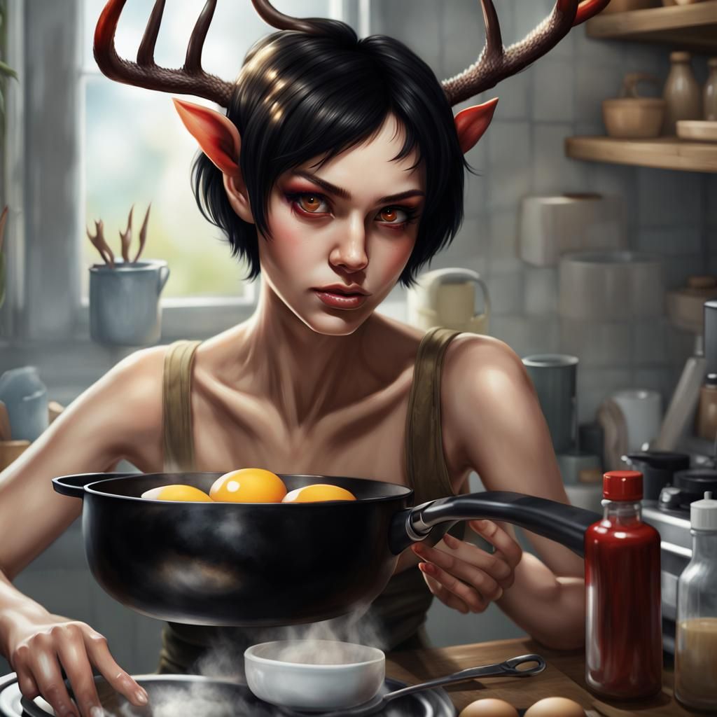 Fae Woman Cooking Eggs with Telekinesis