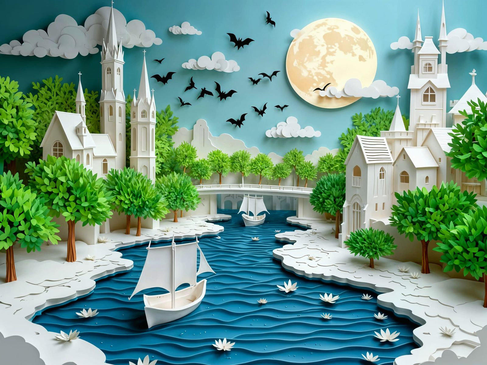 Fairytale Riverside Town in Monochromatic Papercut Art