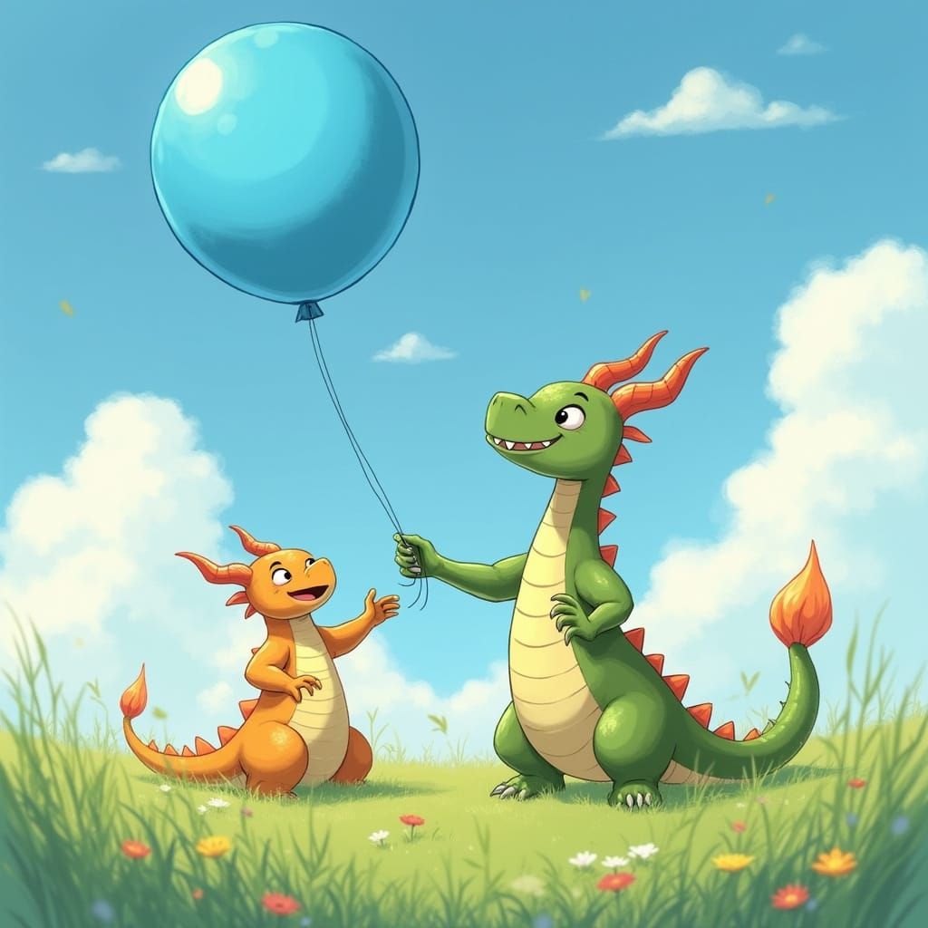 Dragon Taps Blue Balloon in Sunny Meadow