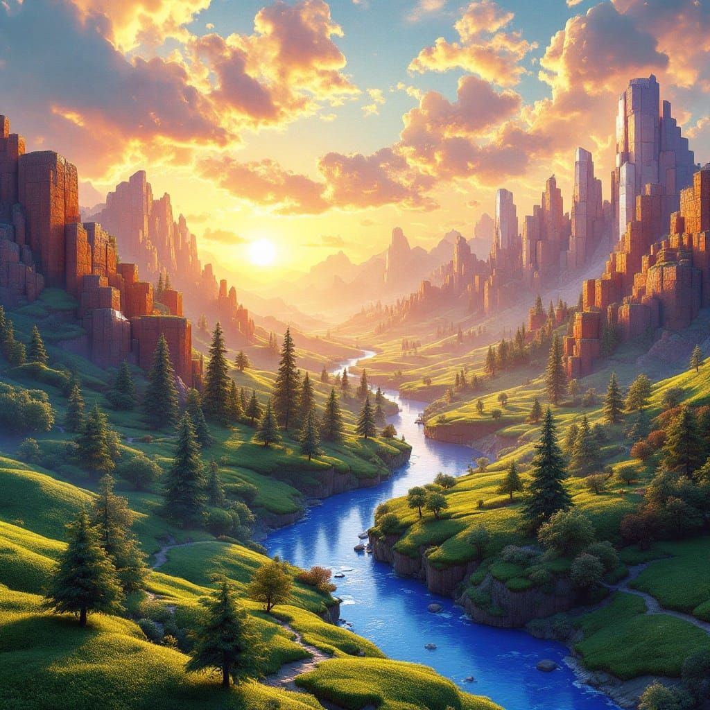 Surreal Cubist Landscape with Emerald and Amber Hills