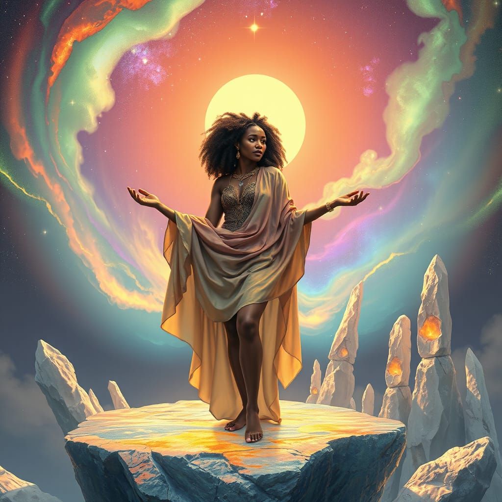 African Goddess Conducting Aurora Symphony in Art Nouveau St...