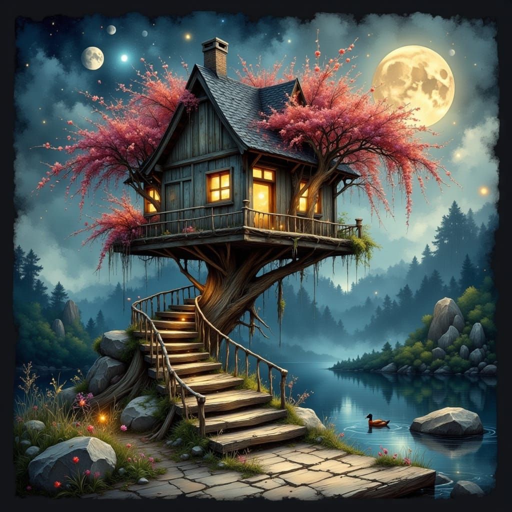 Cozy Treehouse Above Earth Stairs with Wisteria