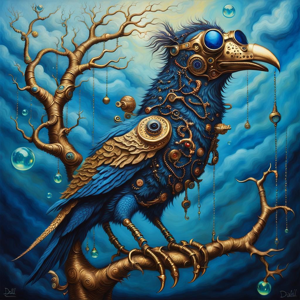 Surreal Steampunk Bird-Dog-Monster in Cobalt Blue Velvet