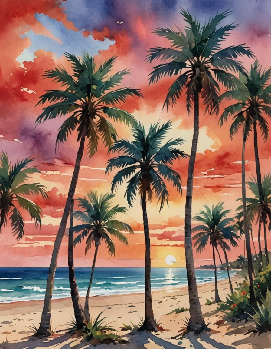Beach Palm Trees in Gouache Watercolor Style