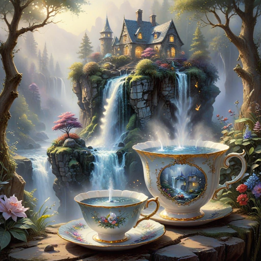 Ethereal Fairytale Waterfall in a Teacup Watercolor