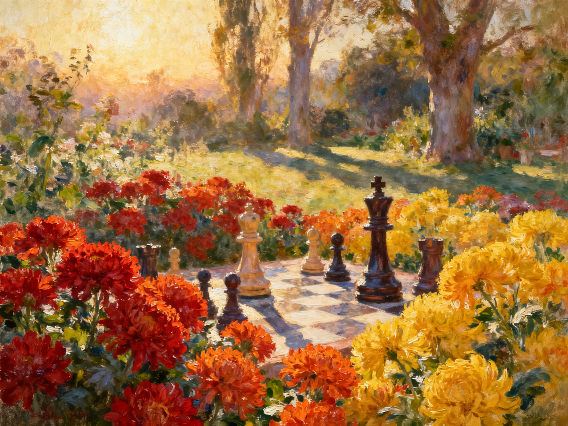 Chess Pieces Among Chrysanthemums in Golden Hour Light