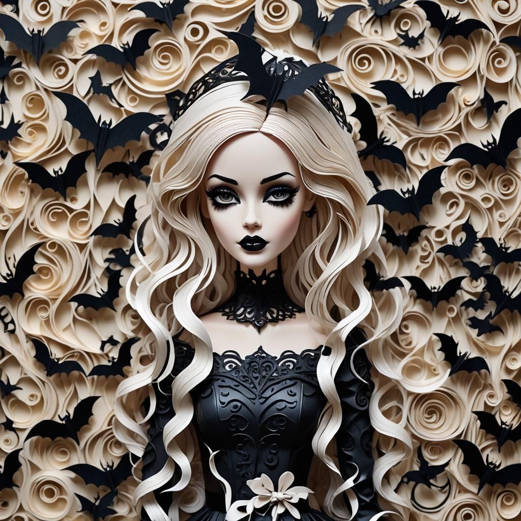 Gothic Barbie in Paper Art Style with Bats
