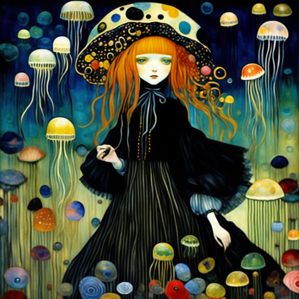 Jellyfish Girl Portrait in Art Nouveau Anime Style