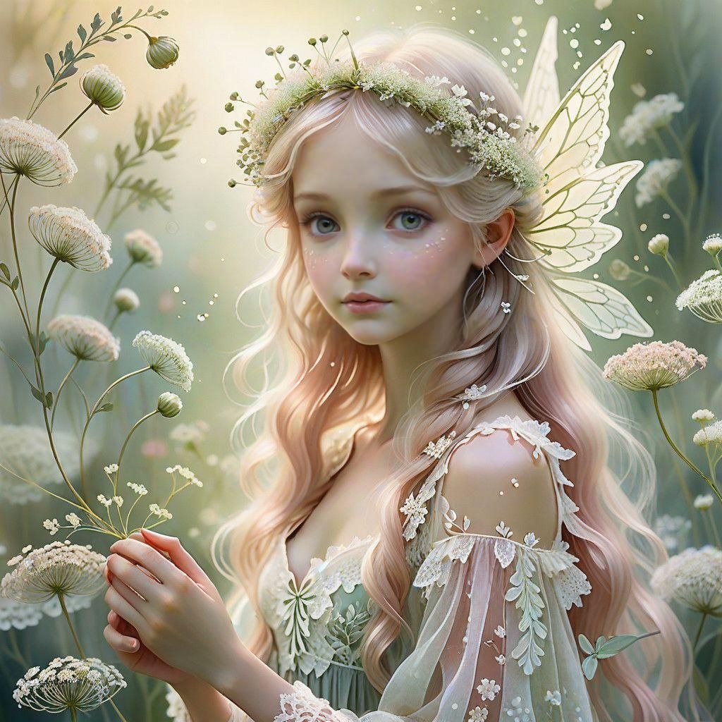 Whimsical Floral Fairy in a Queen Anne's Lace Bloom