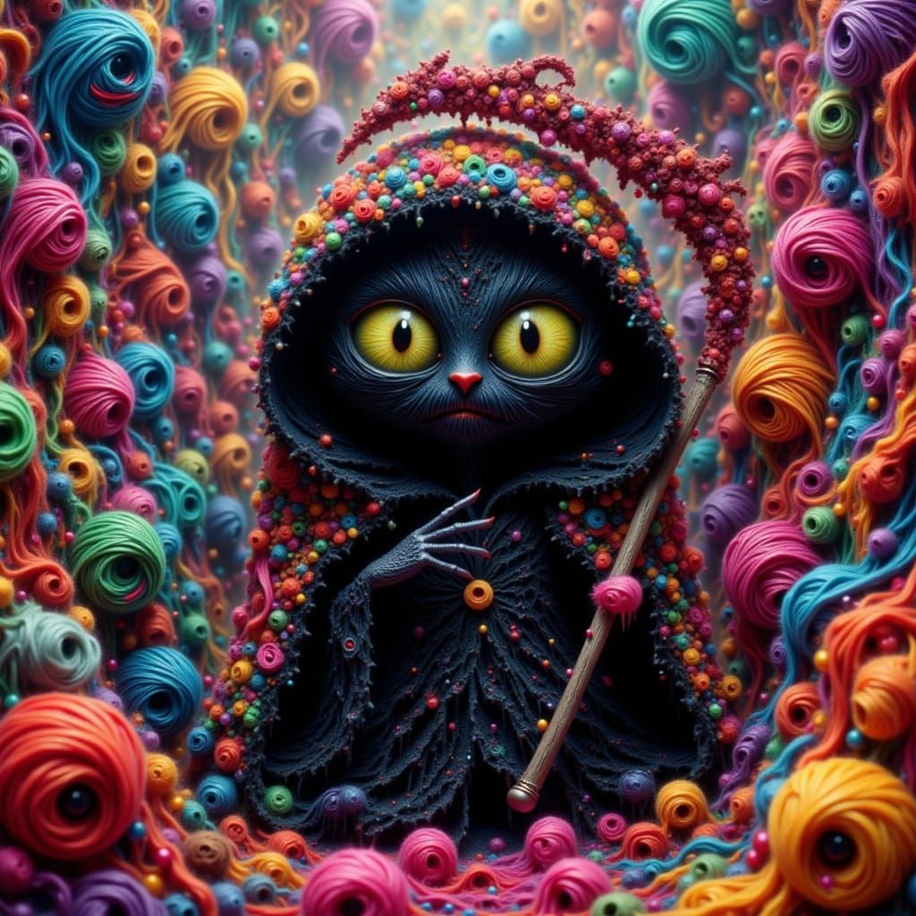 Yarn World Grim Reaper, Black Cat, Miyazaki Style